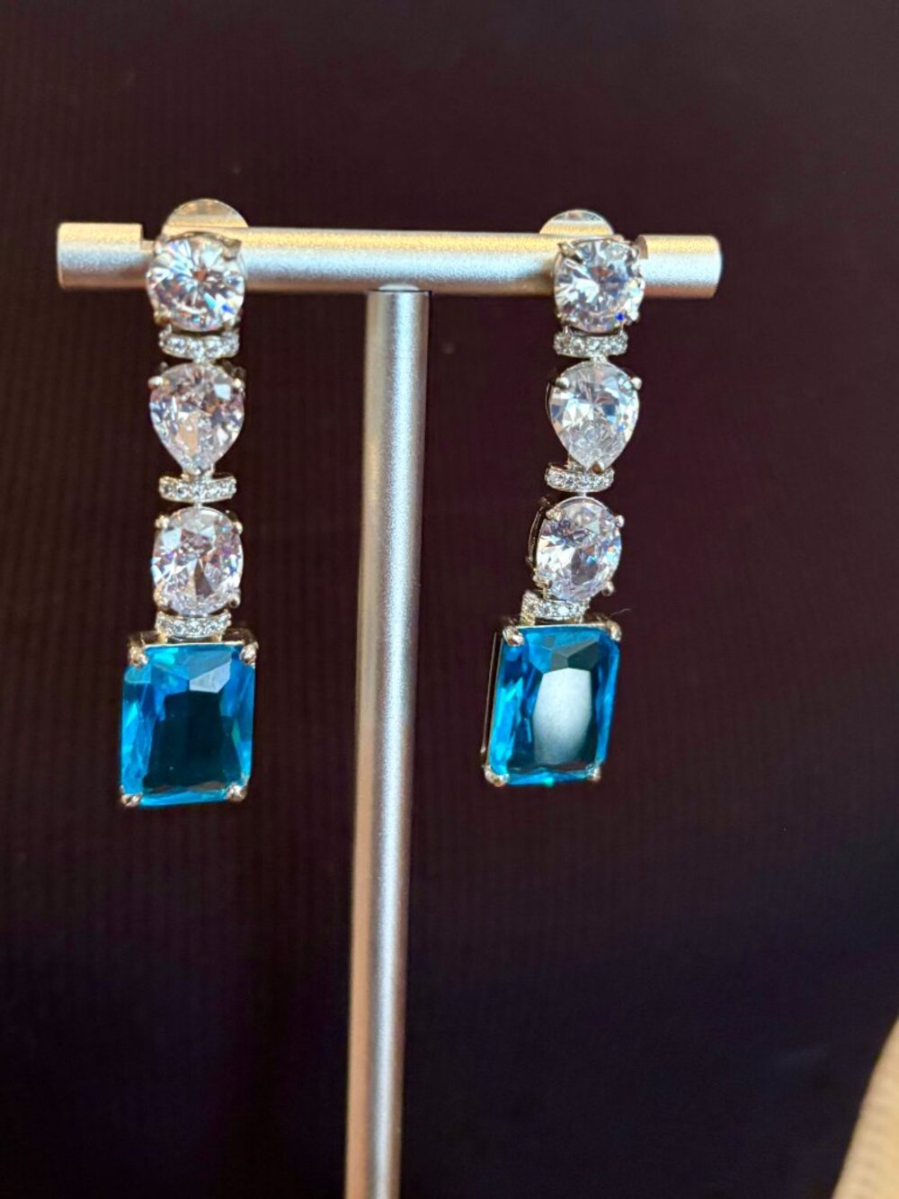 Cubic Zirconia Rhodium Plated Blue Earrings
